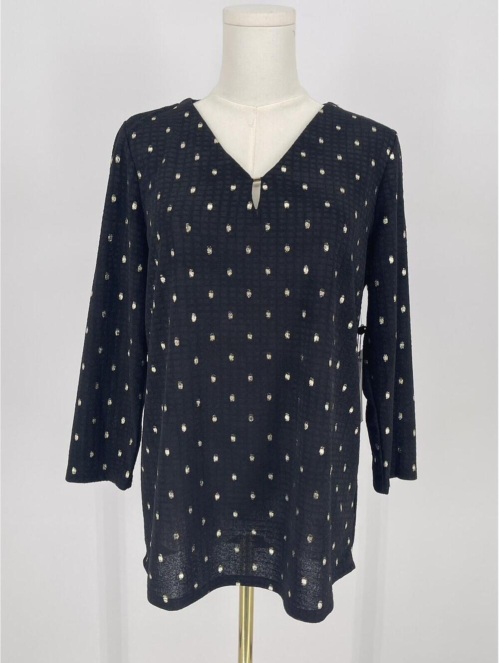 Jones New York Black Gold Dot Blouse 3/4 Sleeve Keyhole Top NWT Sz Medium